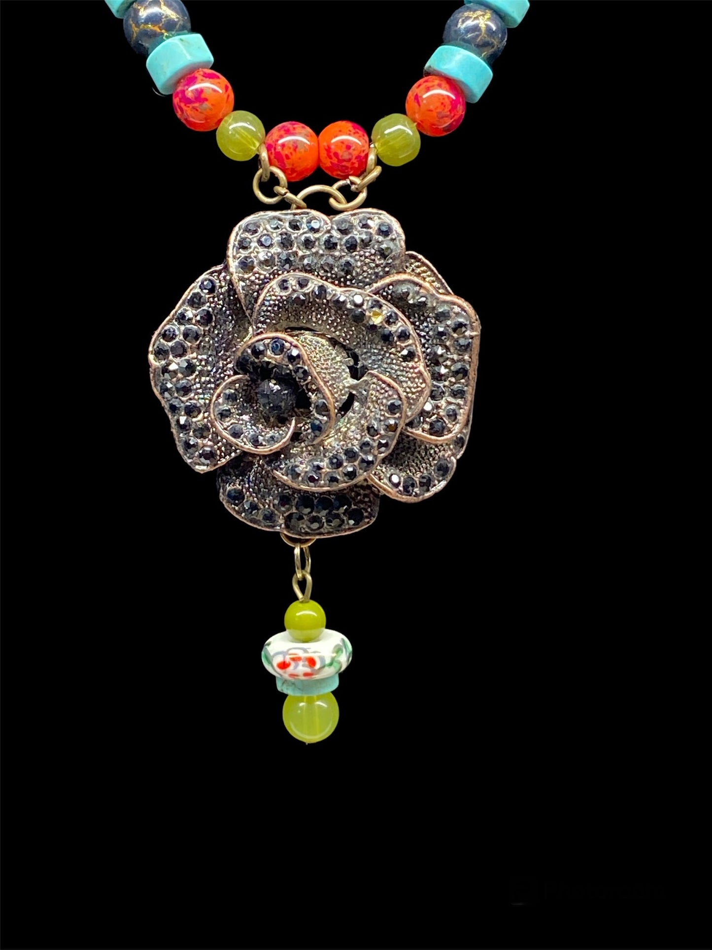 "Metal Rose" Copper Rose with Glass and Natural Stone Beads Necklace