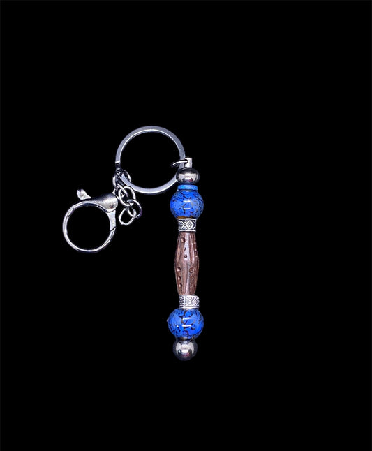 Wood and Blue Ceramic with Metal Beads Keychain