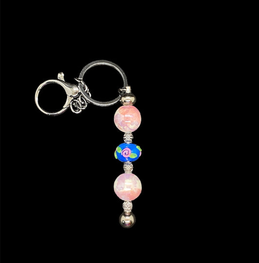 Pink Rose on Blue Lampwork Bead Keychain