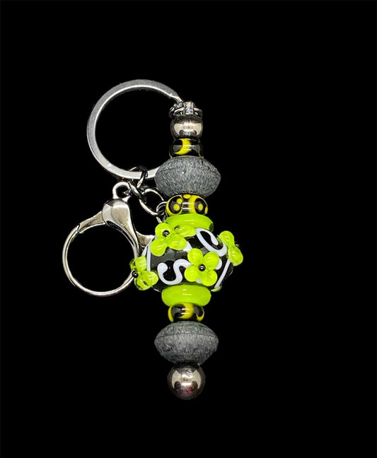 Neon Green, Black and White Lampwork Bead Keychain