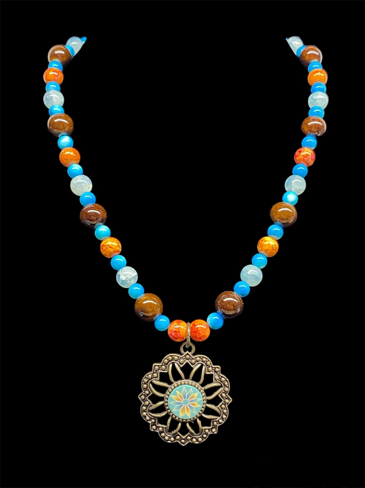 "Medallion of Calmness" Multi-colored Beaded Necklace with Flower Medallion