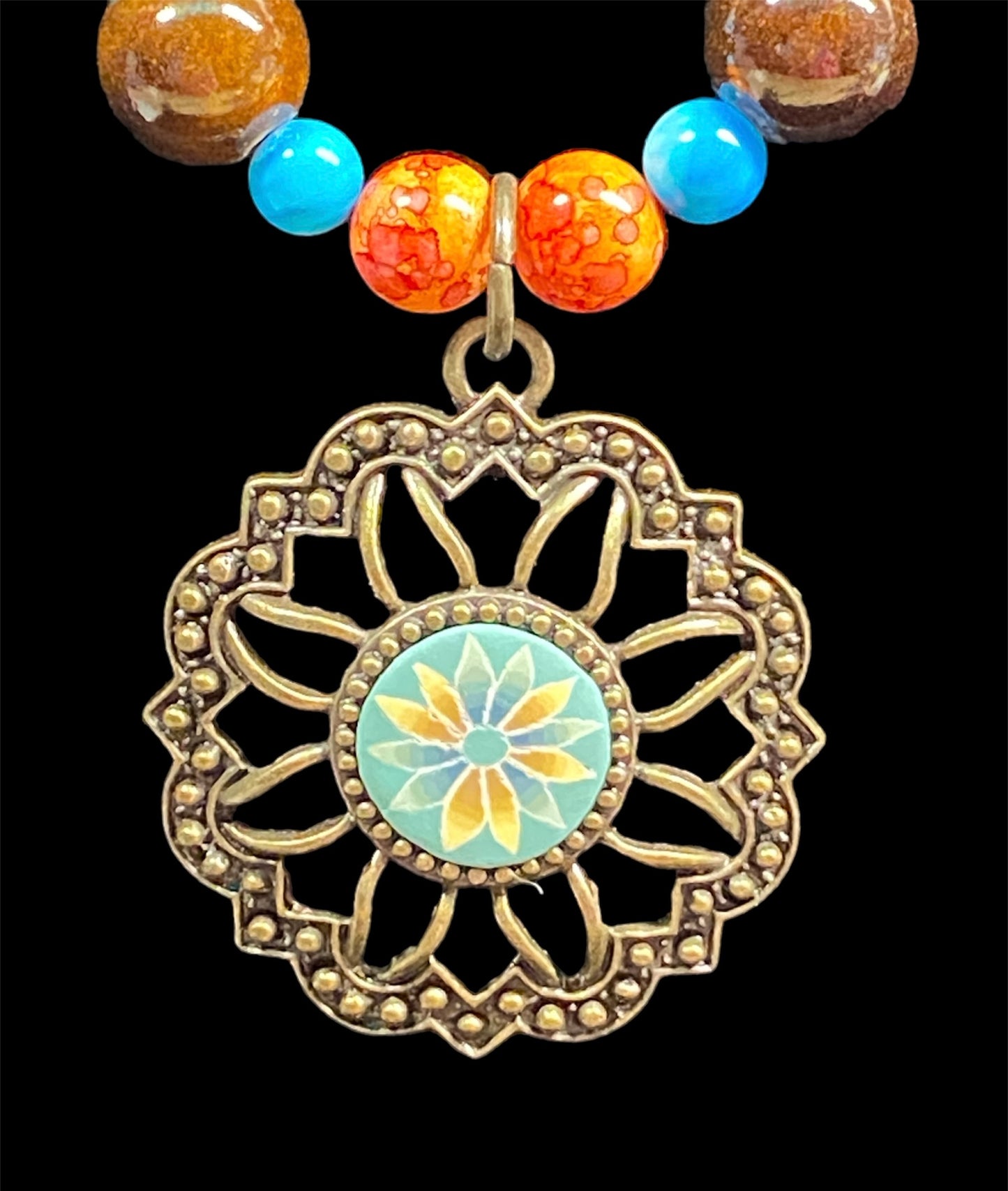 "Medallion of Calmness" Multi-colored Beaded Necklace with Flower Medallion